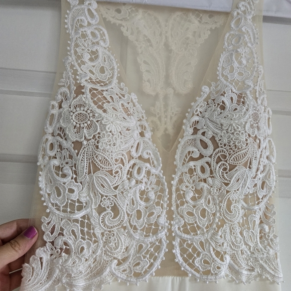 Tara Keely lace applique sheer ivory chiffon flowy wedding dress sz Small 2/4 - Picture 5 of 16